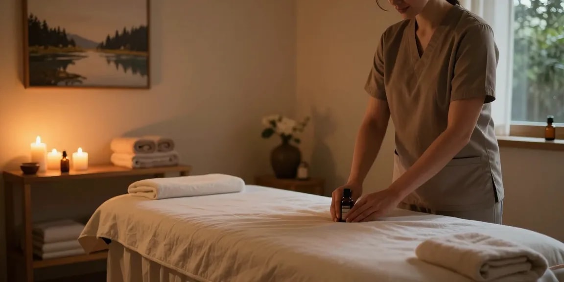 Massage near me Burlington serene therapy room with calming ambiance and inviting setup.