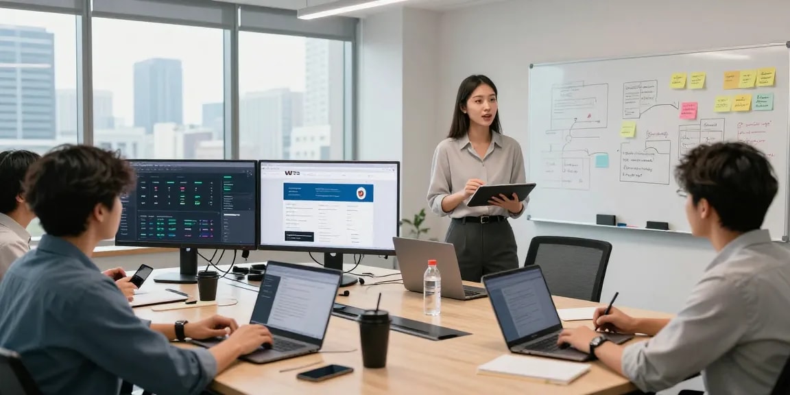 Team collaborating in a modern office showcasing the WPS Official Website on screens, demonstrating a productive workspace.