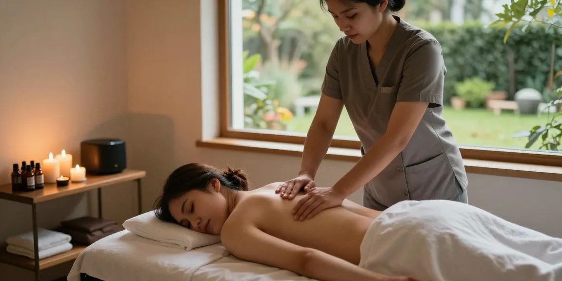 Massage near me Burlington: Relaxing therapy scene with a skilled therapist providing a soothing massage in a serene room.