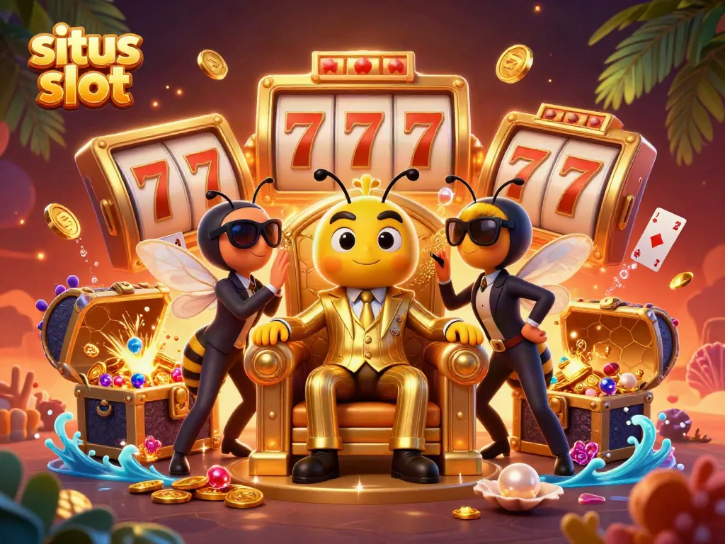 Experience the excitement of situs slot with a lavish 3D illustration showcasing a bumblebee mob boss and casino elements.