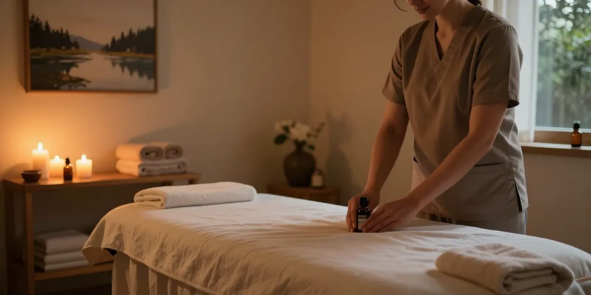 Massage near me Burlington serene therapy room with calming ambiance and inviting setup.