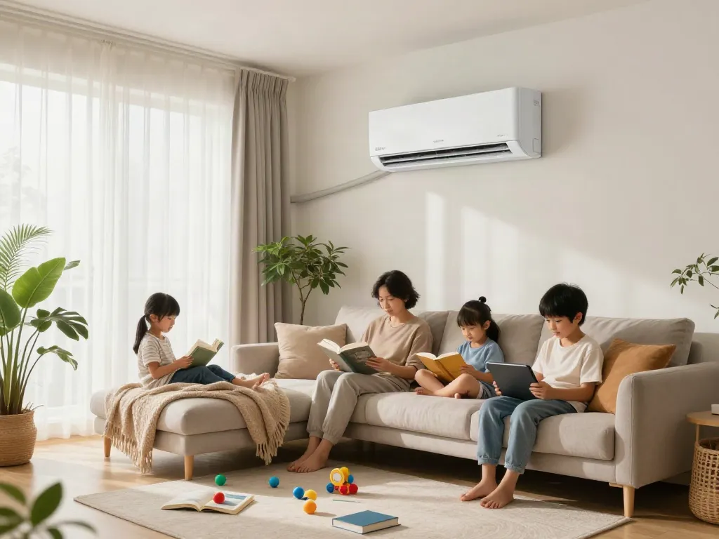 Comfortable family in living room enjoying split ac unit's cool air.