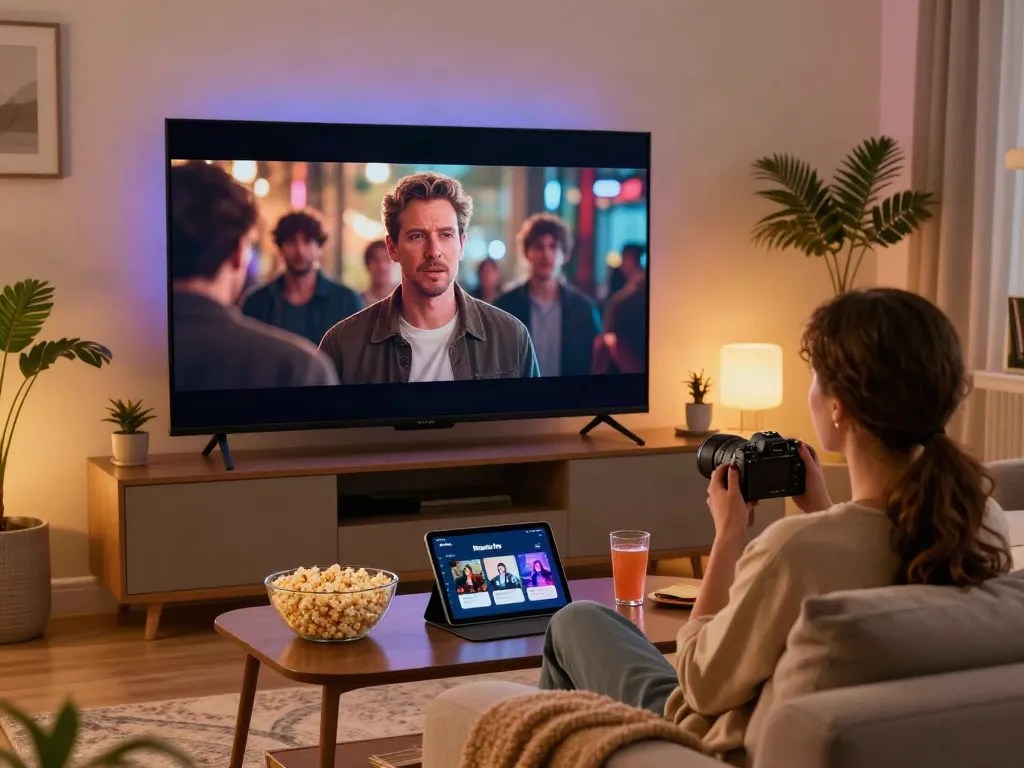 Enjoying a movie on MovieBox Pro in a cozy living room with popcorn and a tablet.
