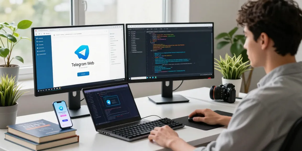 Professional workspace featuring the Telegram Web Version on dual monitors, inspiring a productive tech environment with natural light.