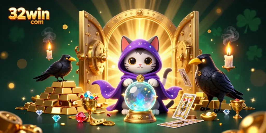 Experience thrilling wins at 32win com with a mystical casino scene featuring a cat fortune teller and treasures.