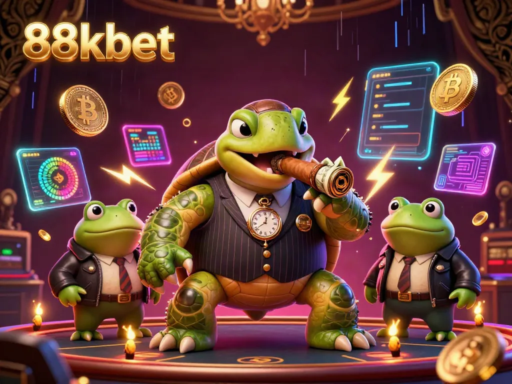 Experience the thrill of 88kbet with exciting casino characters amidst vibrant neon lights and crypto elements.