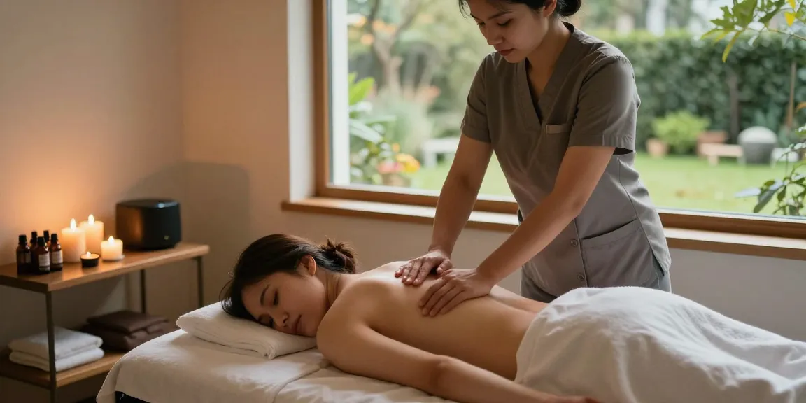 Massage near me Burlington: Relaxing therapy scene with a skilled therapist providing a soothing massage in a serene room.