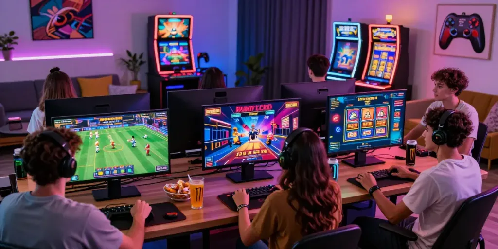 Friends enjoying gaming at home with Gem88 online betting interface on the screen.