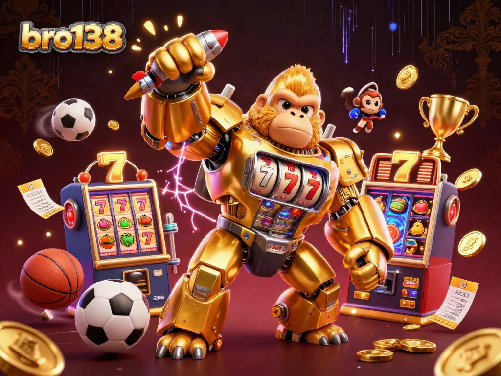 Bro138 features a dynamic scene with a golden gorilla mech and slot elements, capturing the thrill of casino gaming.