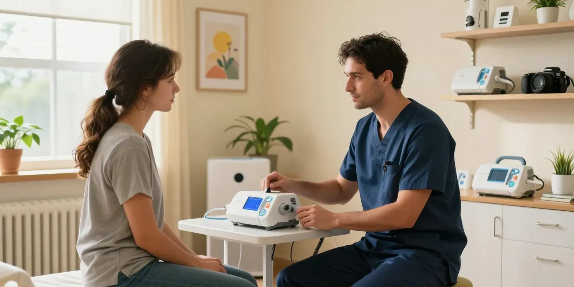 CPAP provider demonstrating device to patient in a calming clinic setting.