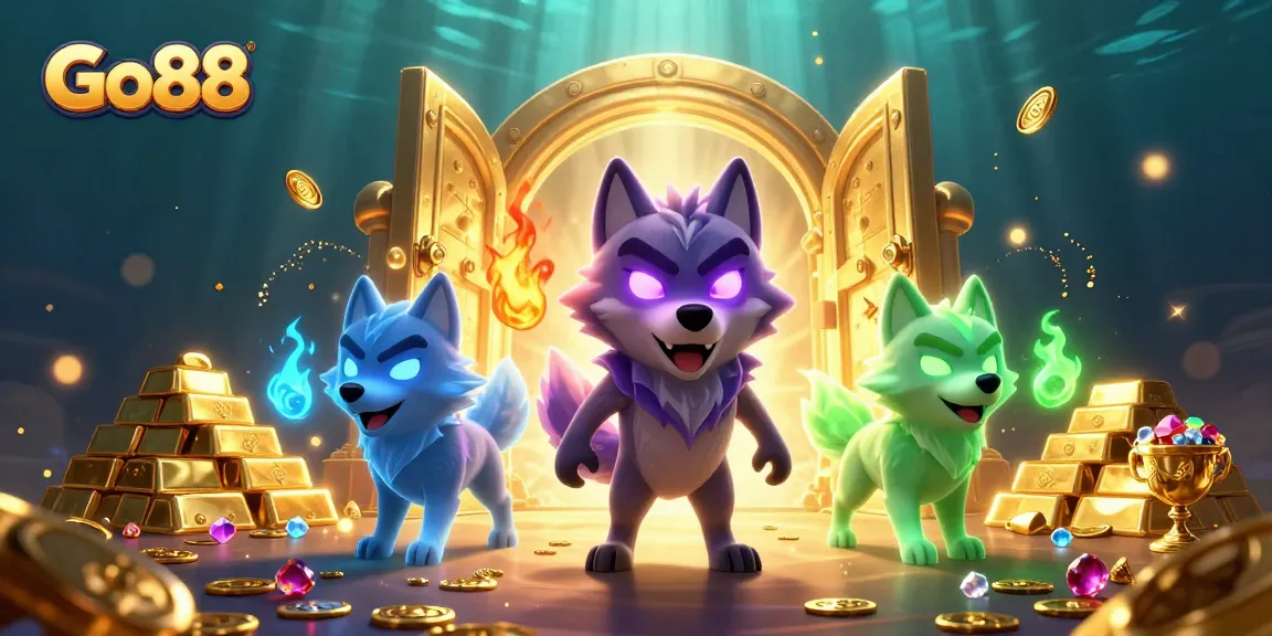 Experience exhilarating gameplay with Go88, featuring dynamic wolf characters among treasures and casino elements.